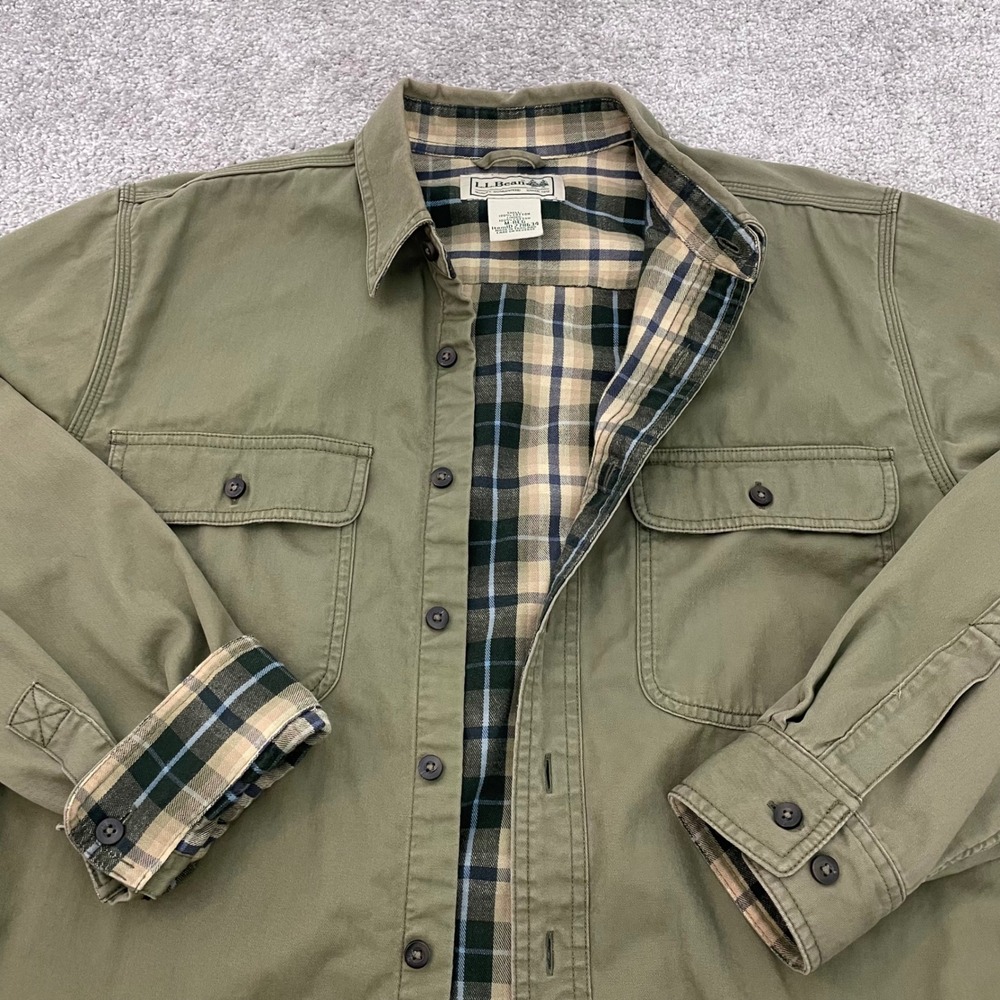 LL Bean Mens Flannel Lined Button Down Medium REG Olive Green Canvas Autumn Fall